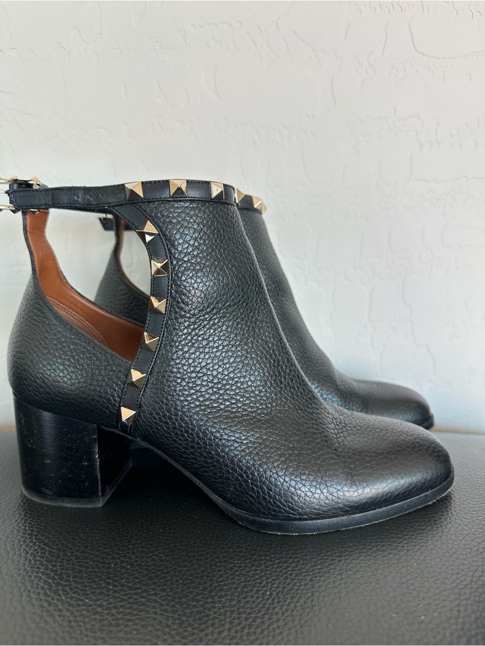 Valentino Garavani Black Pebbled Leather Stud-Trim Ankle Boots